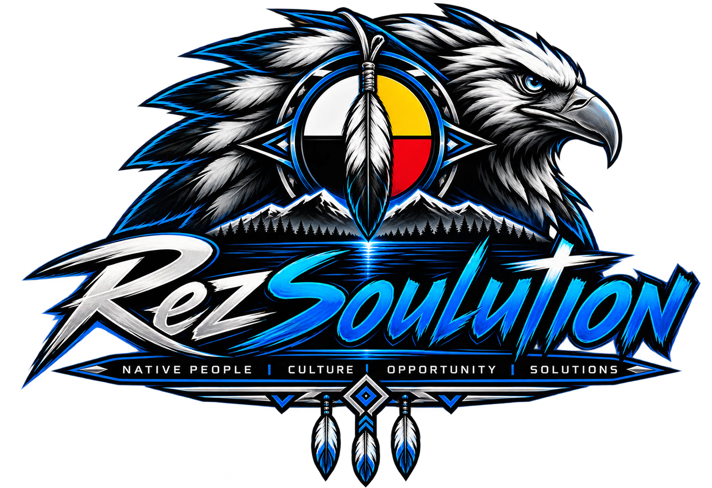 RezSoulution logo: an eagle beside a medicine wheel and feather, over mountains and a lake